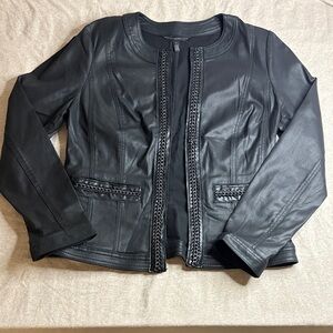 White House Black Market Black Faux Leather Jacket with Braided Detail Size 8